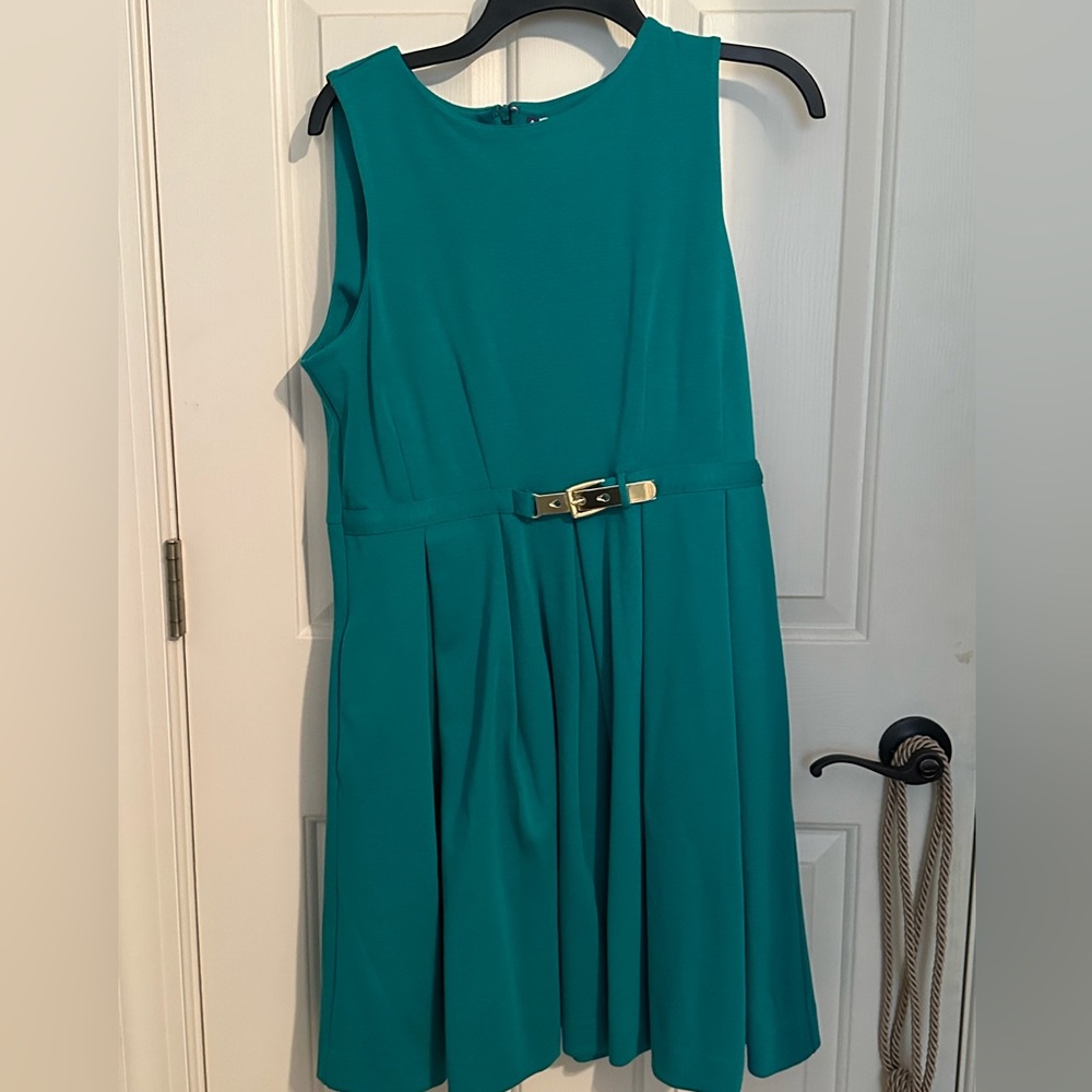 Jennifer Lopez Jlo Sz L teal turquoise dress business churchGold TONE belted.NWT